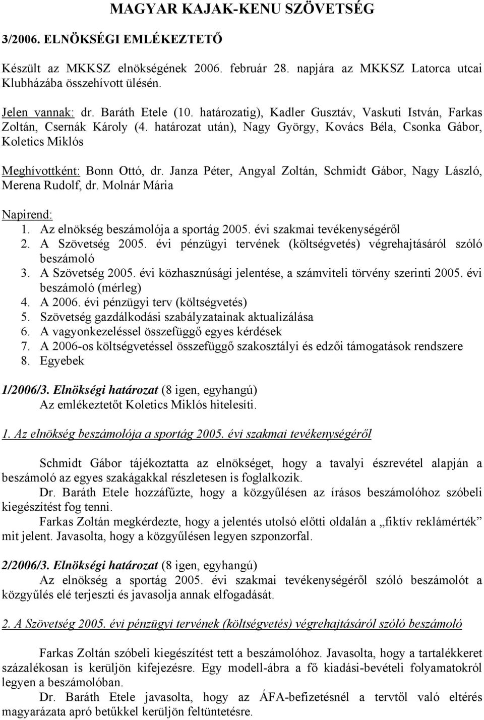 Janza Péter, Angyal Zoltán, Schmidt Gábor, Nagy László, Merena Rudolf, dr. Molnár Mária Napirend: 1. Az elnökség beszámolója a sportág 2005. évi szakmai tevékenységéről 2. A Szövetség 2005.