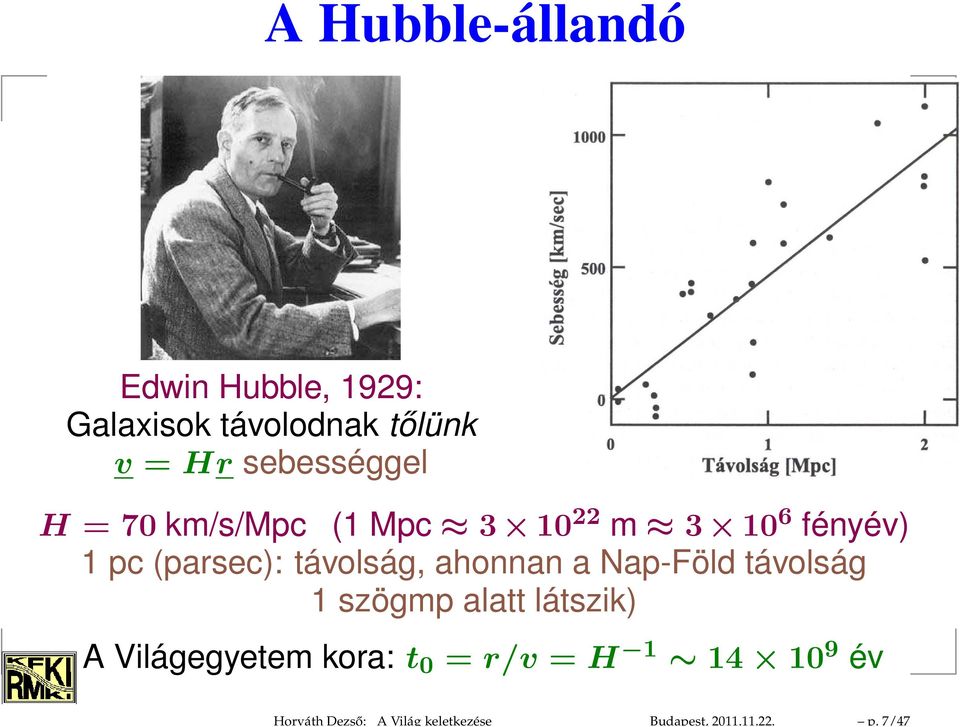 sebességgel H = 70 km/s/mpc (1 Mpc 3 10 22 m 3 10 6 fényév) 1 pc (parsec):