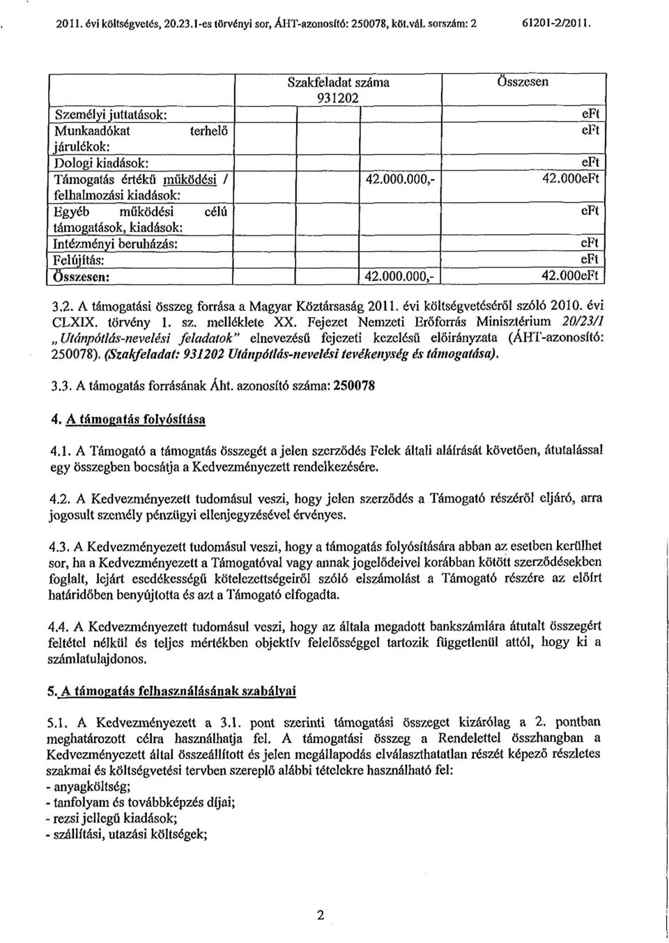 Összesen: Szakfeladat száma 931202 42.000.000,- 42.000.000,- Osszesen eft eft eft 42.000eFt eft eft eft 42.000eFt 3.2. A támogatási Összeg forrása a Magyar Köztársaság 2011.