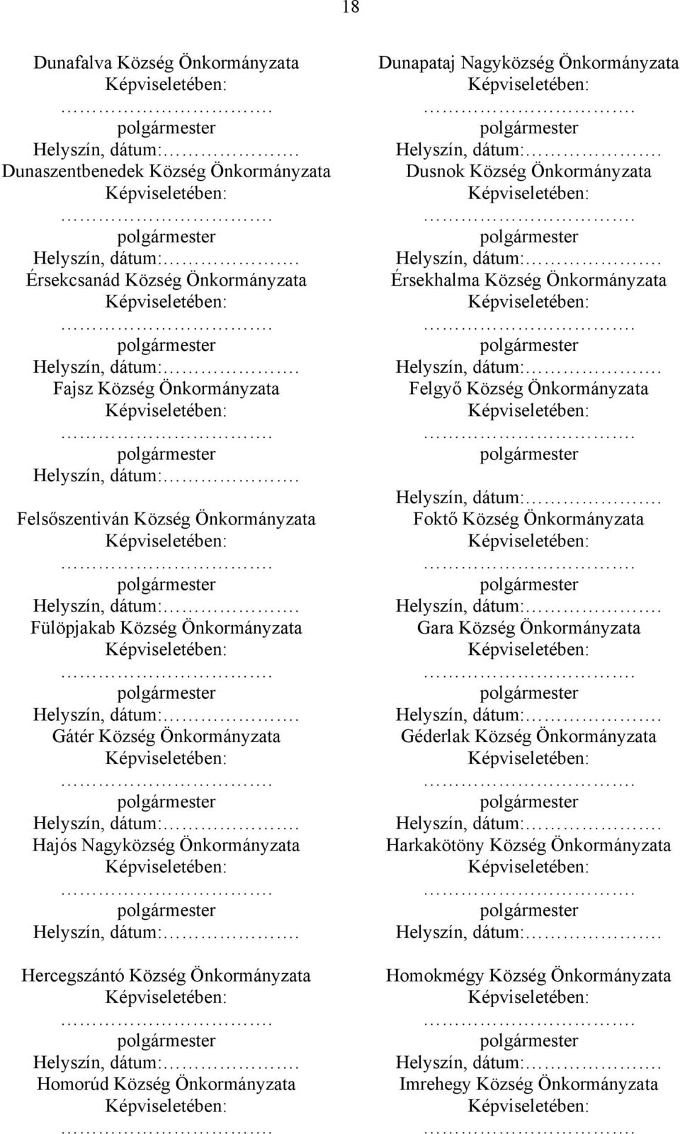 Önkormányzata Dunapataj Nagyközség Önkormányzata Dusnok Község Önkormányzata Érsekhalma Község Önkormányzata Felgyő Község Önkormányzata Foktő Község