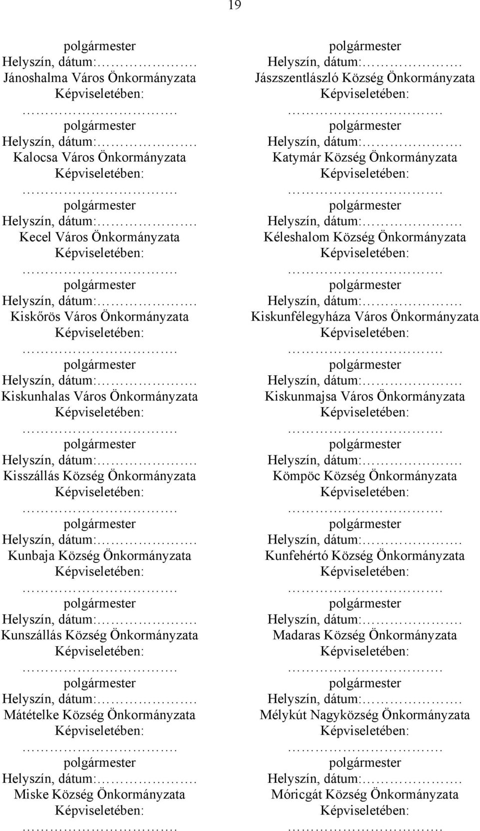 Jászszentlászló Község Önkormányzata Katymár Község Önkormányzata Kéleshalom Község Önkormányzata Kiskunfélegyháza Város Önkormányzata Kiskunmajsa Város