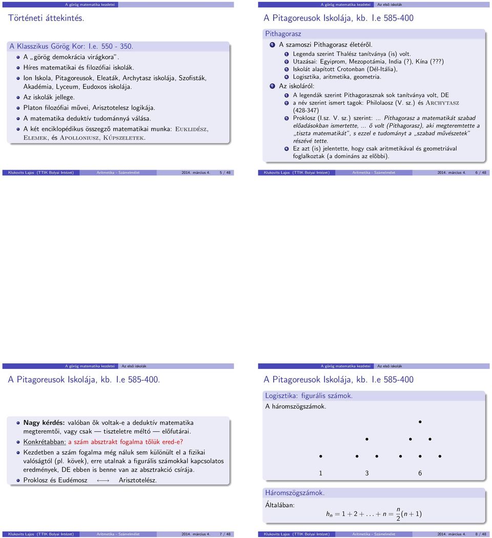 A matematika deduktív tudománnyá válása. A két enciklopédikus összegző matematikai munka: Euklidész, Elemek, és Apolloniusz, Kúpszeletek. A Pitagoreusok Is