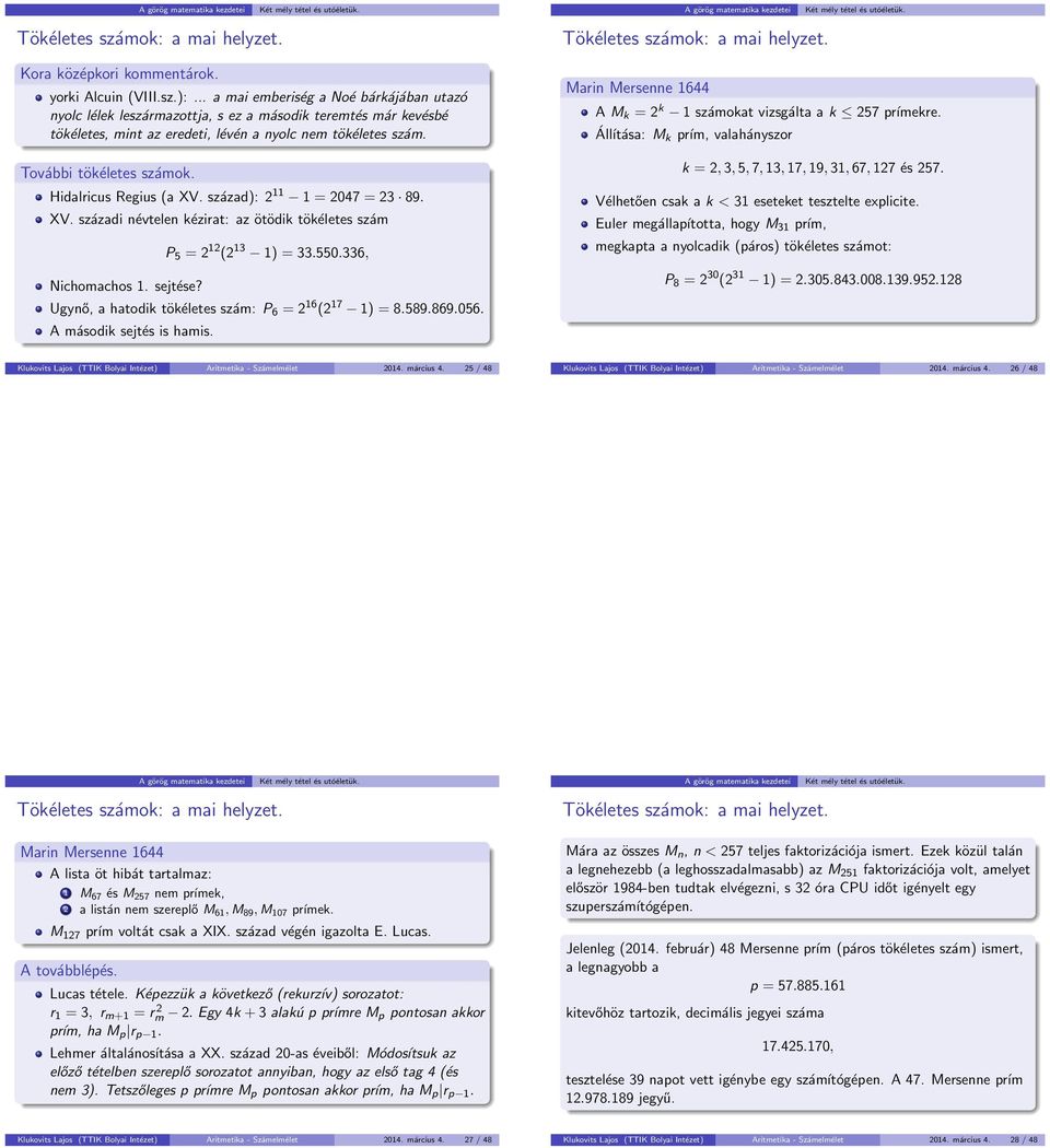 Hidalricus Regius (a XV. század): 2 11 1 = 2047 = 23 89. XV. századi névtelen kézirat: az ötödik tökéletes szám Nichomachos 1. sejtése? P 5 = 2 12 (2 13 1) = 33.550.