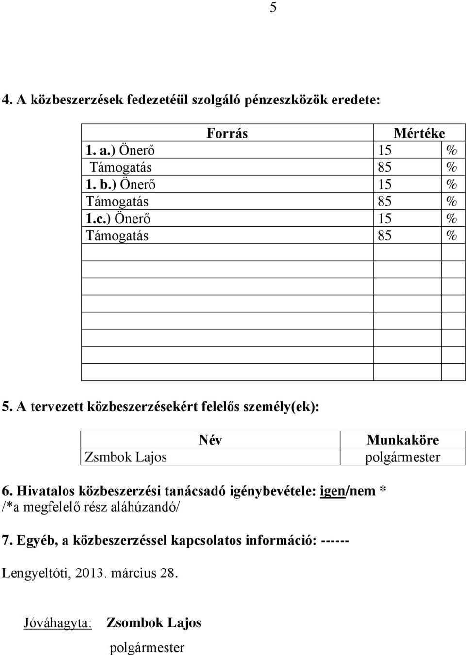 A tervezett közbeszerzésekért felelős személy(ek): Zsmbok Lajos Név Munkaköre 6.