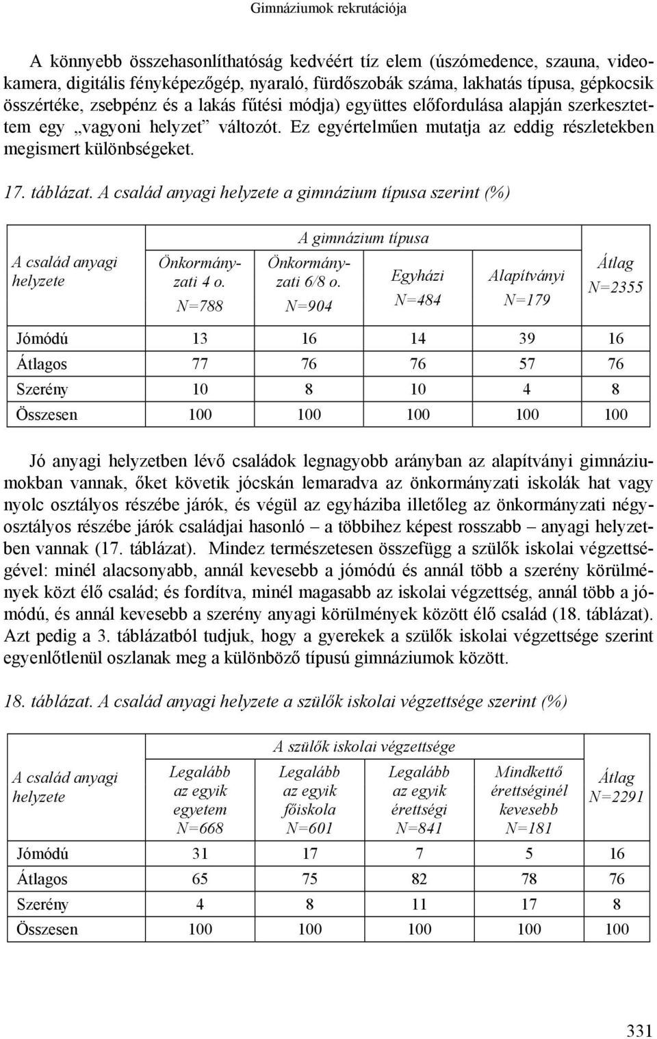 táblázat. A család anyagi helyzete a gimnázium típusa szerint (%) A gimnázium típusa A család anyagi helyzete 4 o. N=788 6/8 o.