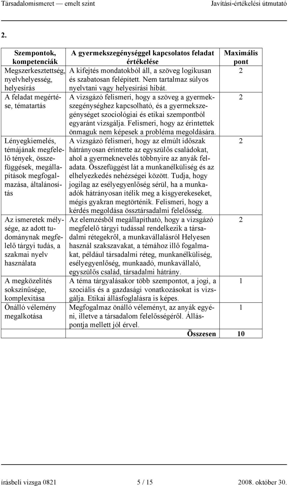 feladat értékelése A kifejtés mondatokból áll, a szöveg logikusan és szabatosan felépített. Nem tartalmaz súlyos nyelvtani vagy helyesírási hibát.