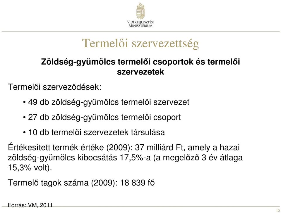 termelői szervezetek társulása Értékesített termék értéke (2009): 37 milliárd Ft, amely a hazai