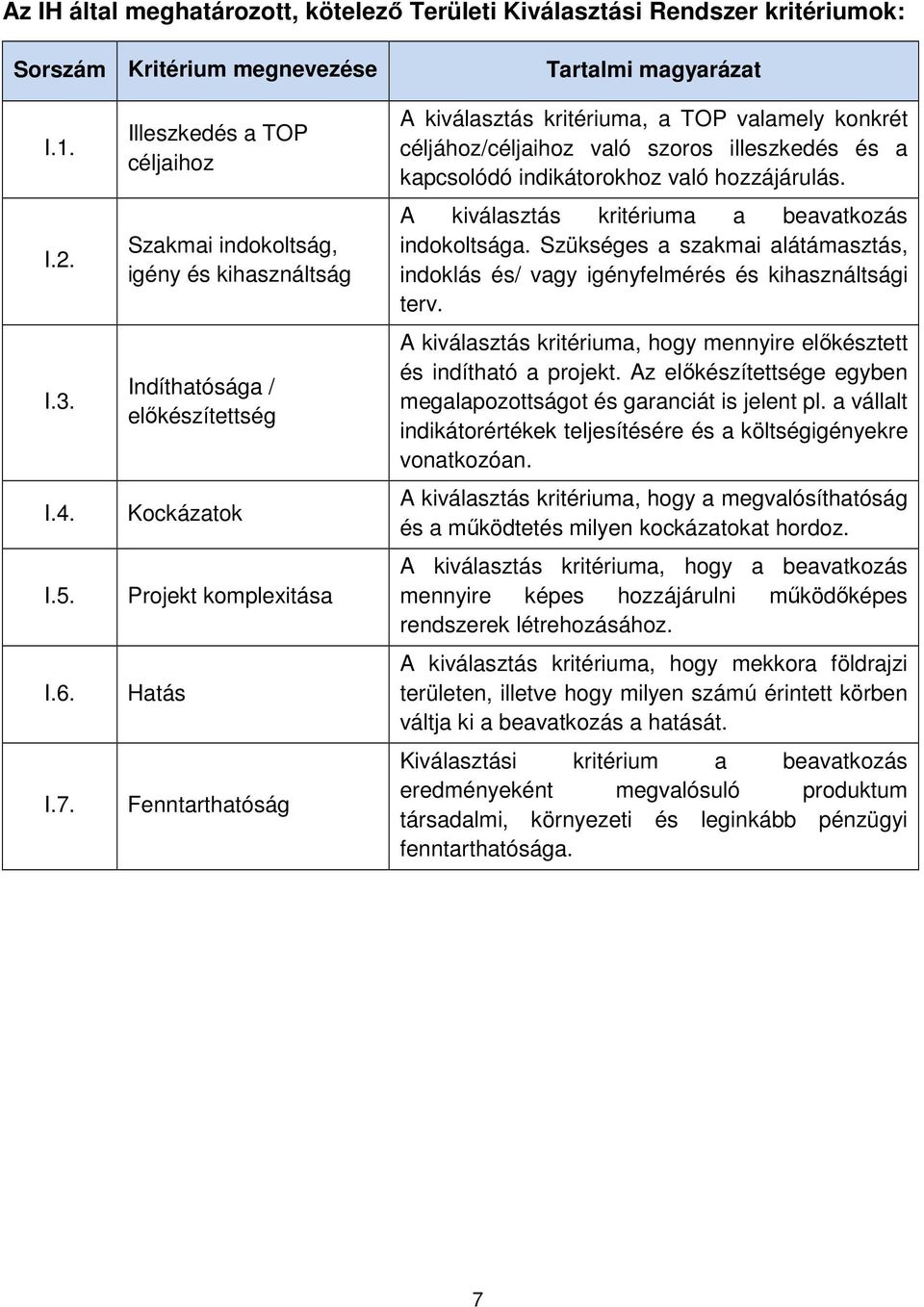 konkrét céljához/céljaihoz való szoros illeszkedés és a kapcsolódó indikátorokhoz való hozzájárulás. A kiválasztás kritériuma a beavatkozás indokoltsága.