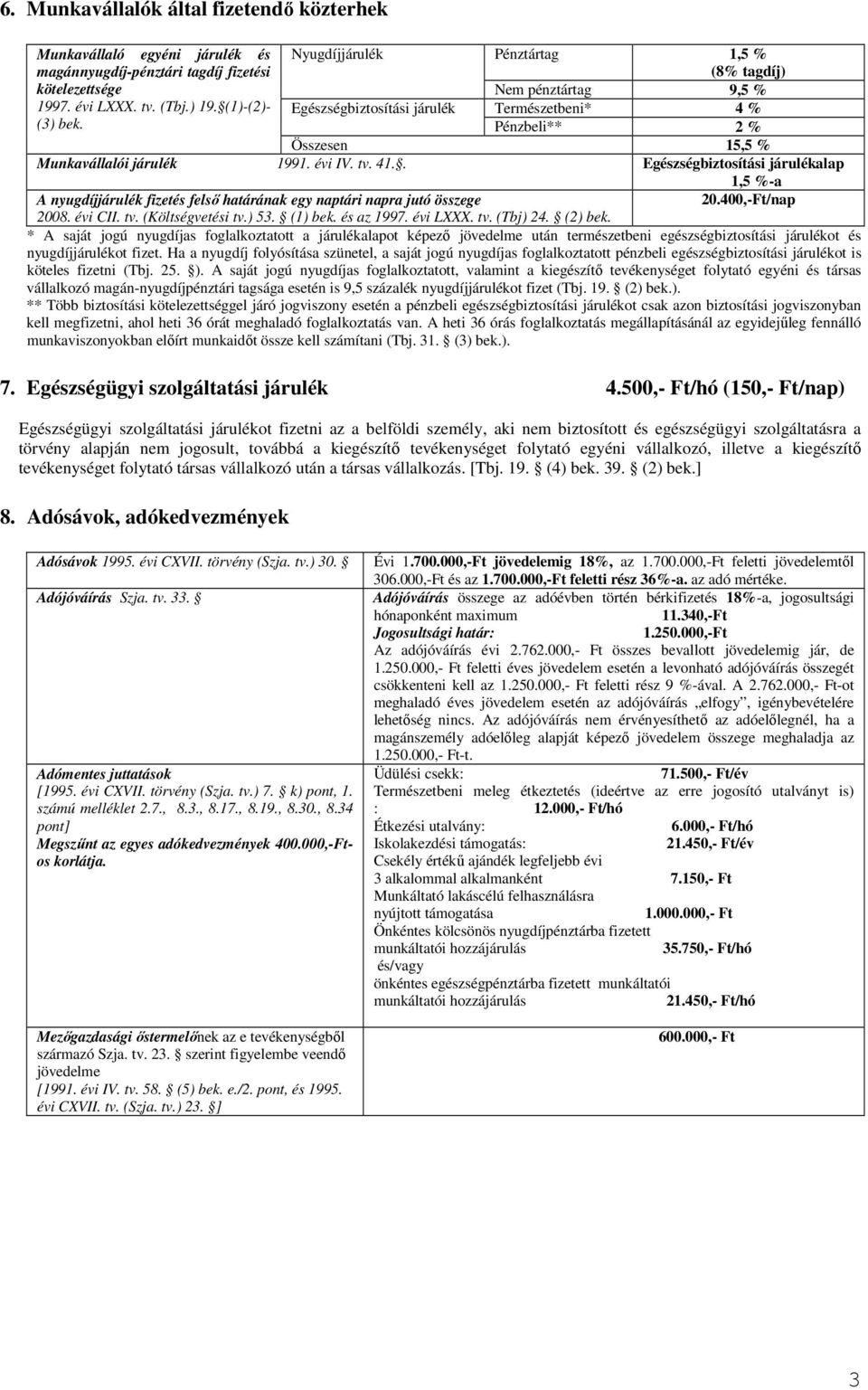 . Egészségbiztosítási járulékalap 1,5 %-a A nyugdíjjárulék fizetés felsı határának egy naptári napra jutó összege 20.400,-Ft/nap 2008. évi CII. tv. (Költségvetési tv.) 53. (1) bek. és az 1997.