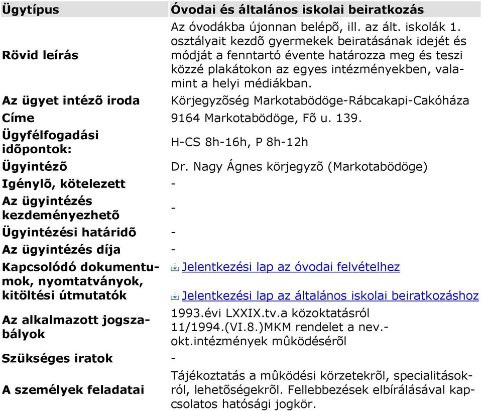 Körjegyzõség MarkotabödögeRábcakapiCakóháza Ügyfélfogadási idõpontok: nyomtatványok, kitöltési HCS 8h16h, P 8h12h Dr.