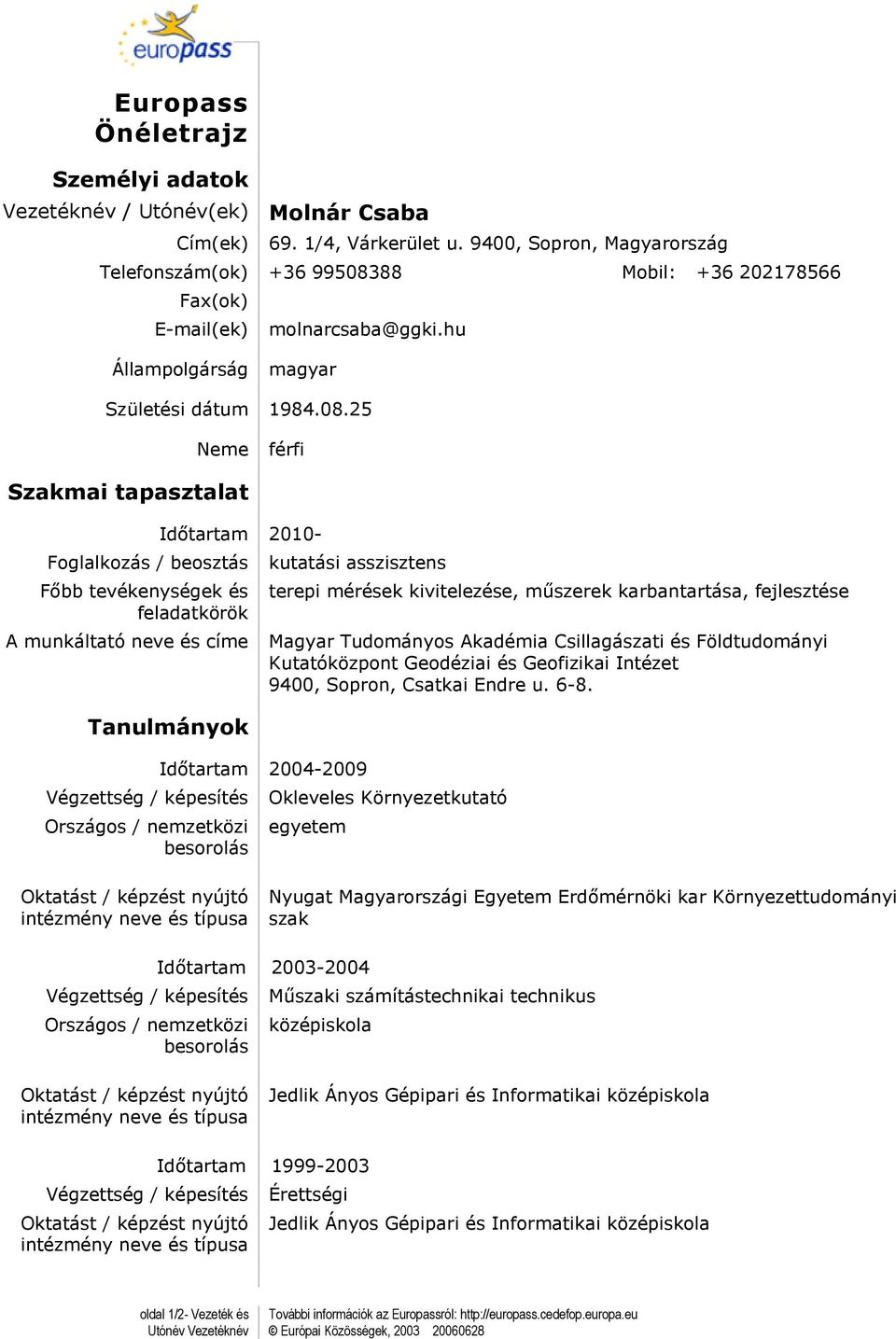 88 Mobil: +36 202178566 Fax(ok) E-mail(ek) molnarcsaba@ggki.hu Állampolgárság magyar Születési dátum 1984.08.