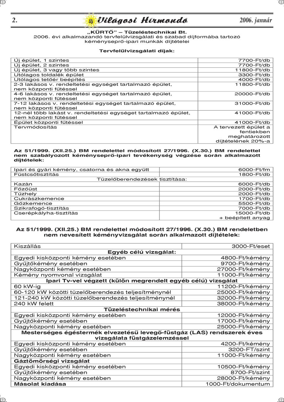 évi alkalmazandó tervfelülvizsgálati és szabad díjformába tartozó kéményseprõ-ipari munkák díjtételei Tervfelülvizsgálati díjak: épület, 1 szintes épület, 2 szintes épület, 3 vagy több szintes