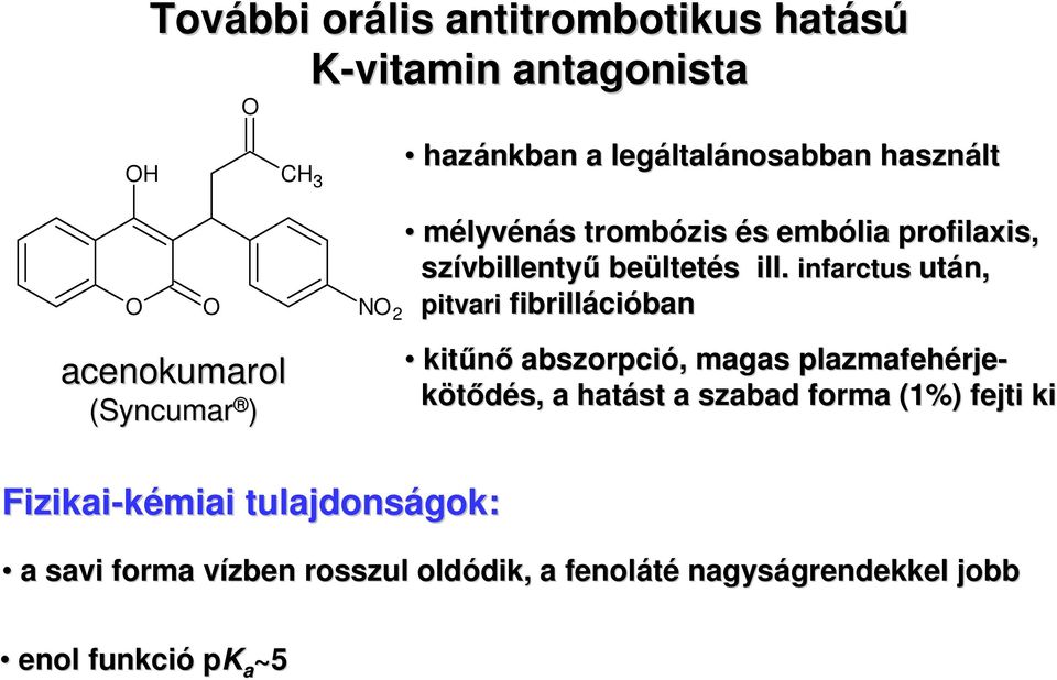 infarctus után, N 2 pitvari fibrilláci cióban kit acenokumarol (Syncumar ) kitűnő abszorpció,, magas plazmafehérje