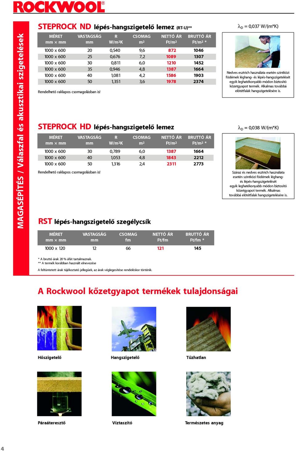 STEPROCK HD lépés-hangszigetelô lemez 1000 x 600 30 0,789 6,0 1387 1664 1000 x 600 40 1,053 4,8 1843 2212 1000 x 600 50 1,316 2,4 2311 2773 Rendelhetô raklapos csomagolásban is!