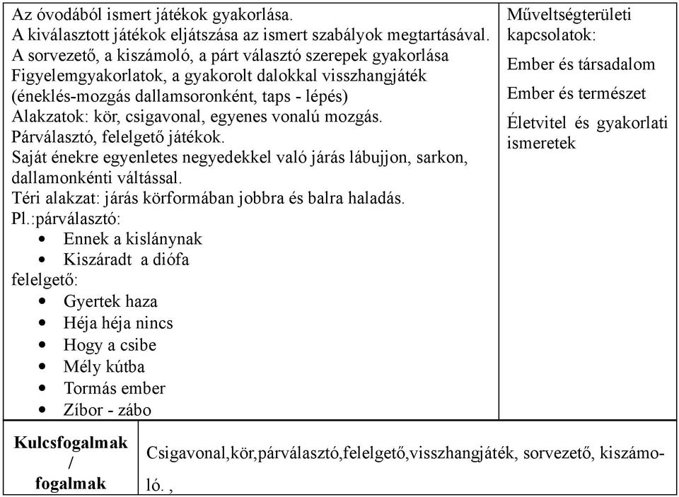 egyenes vonalú mozgás. Párválasztó, felelgető játékok. Saját énekre egyenletes negyedekkel való járás lábujjon, sarkon, dallamonkénti váltással.