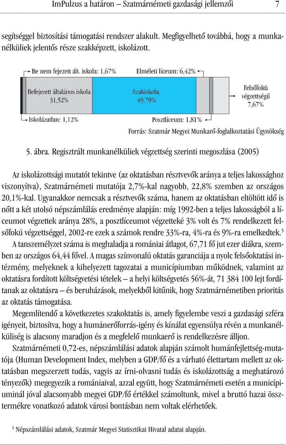 Regisztrált munkanélküliek végzettség szerinti megoszlása (2005) Az iskolázottsági mutatót tekintve (az oktatásban résztvevők aránya a teljes lakossághoz viszonyítva), Szatmárnémeti mutatója 2,7%-kal