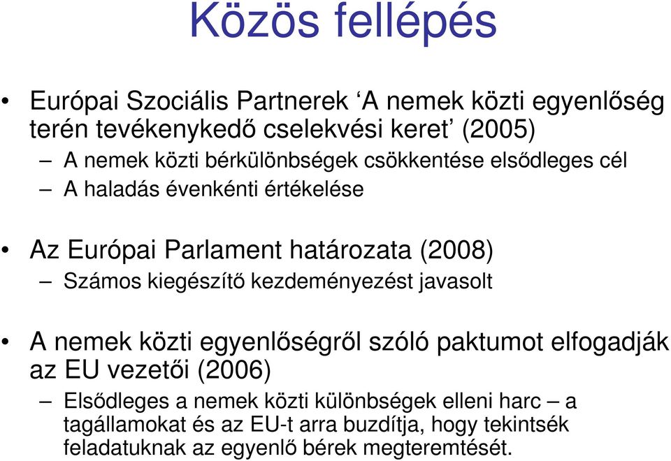 kiegészítı kezdeményezést javasolt A nemek közti egyenlıségrıl szóló paktumot elfogadják az EU vezetıi (2006) Elsıdleges a
