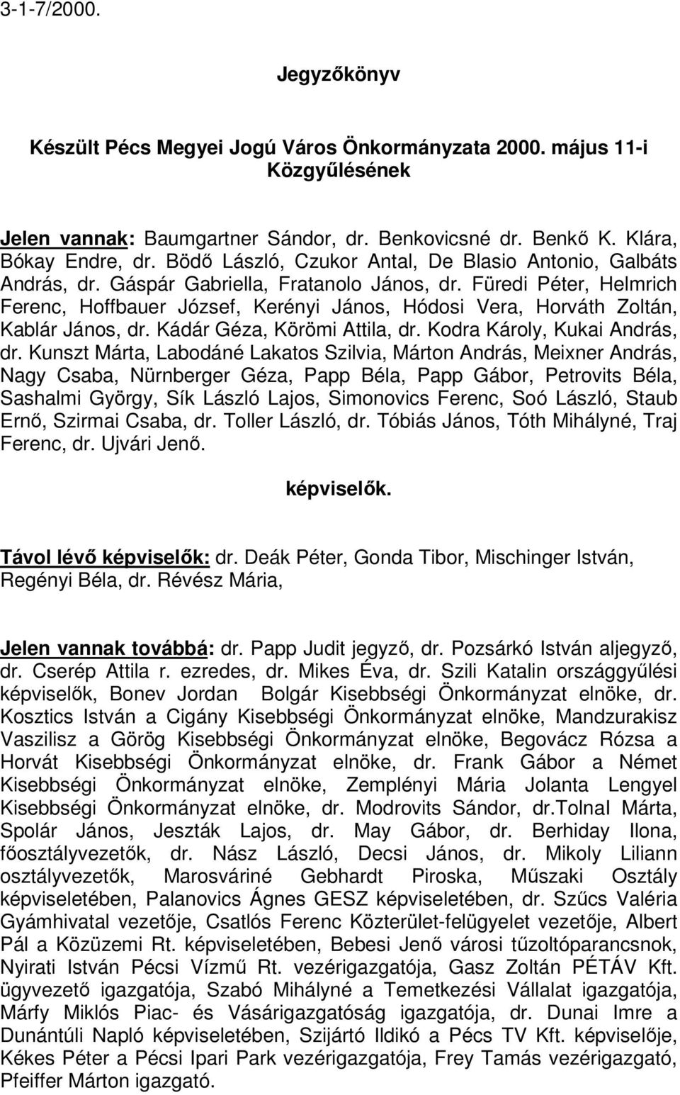 Füredi Péter, Helmrich Ferenc, Hoffbauer József, Kerényi János, Hódosi Vera, Horváth Zoltán, Kablár János, dr. Kádár Géza, Körömi Attila, dr. Kodra Károly, Kukai András, dr.