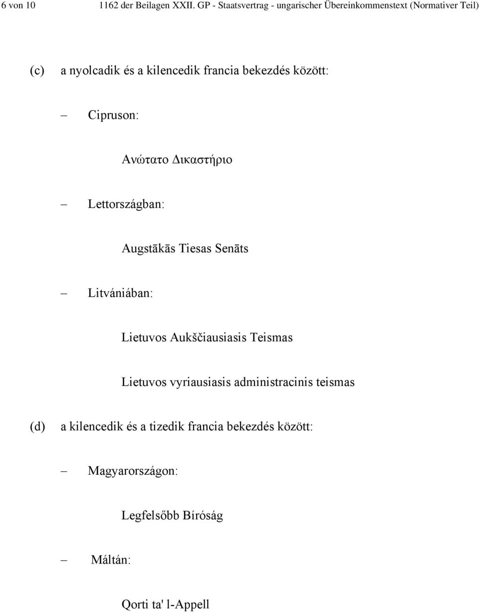 francia bekezdés között: Cipruson: Ανώτατο ικαστήριο Lettországban: Augstākās Tiesas Senāts Litvániában: