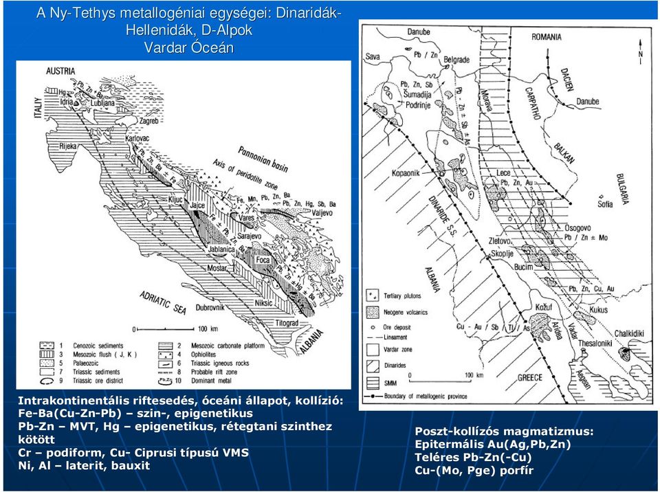 Pb-Zn MVT, Hg epigenetikus, rétegtani szinthez kötött Cr podiform, Cu- Ciprusi típusú VMS Ni,