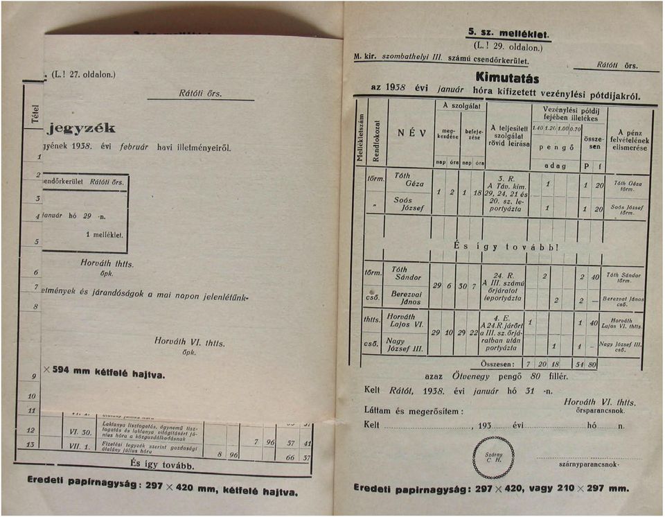 7o szolgálat rövid leírása pengő megkezdése befejezése összesen A pénz felvételének elismerése lendőrkerület 4 lanuár hó 29 -n. Rátóti őrs. tőrm Tóth Oéza Soós József nap óra napi óra 8 3. R. Á Táu.