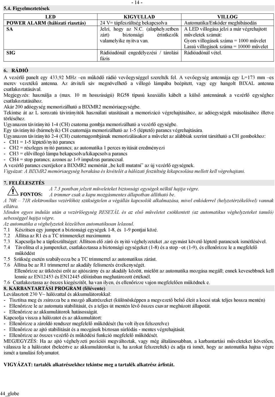 Gyors villogások száma = 1000 művelet SIG Rádióadónál engedélyezési / tárolási fázis Lassú villogások száma = 10000 művelet Rádióadónál vétel. 6.