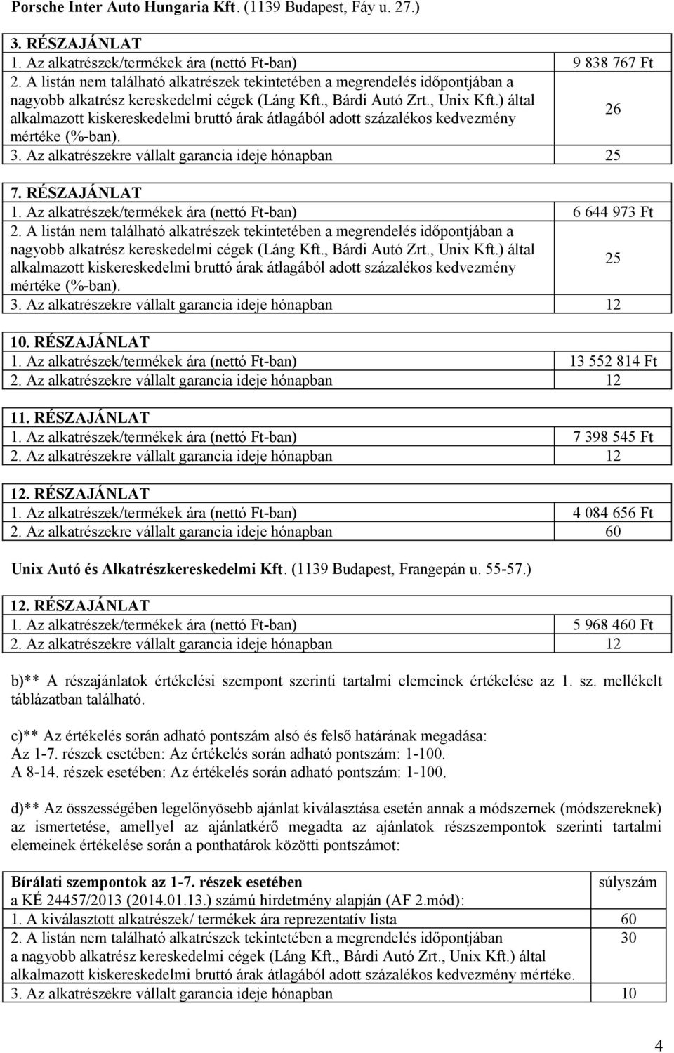 Az alkatrészek/termékek ára (nettó Ft-ban) 13 552 814 Ft 11. RÉSZAJÁNLAT 1. Az alkatrészek/termékek ára (nettó Ft-ban) 7 398 545 Ft 12. RÉSZAJÁNLAT 1. Az alkatrészek/termékek ára (nettó Ft-ban) 4 084 656 Ft 2.