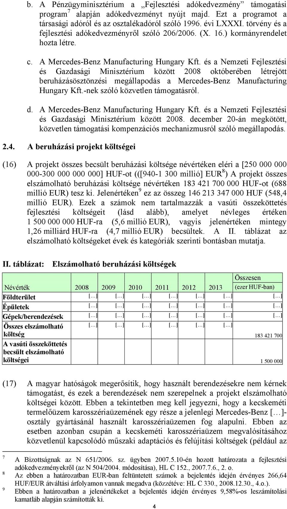 és a Nemzeti Fejlesztési és Gazdasági Minisztérium között 2008 októberében létrejött beruházásösztönzési megállapodás a Mercedes-Benz Manufacturing Hungary Kft.-nek szóló közvetlen támogatásról. d.