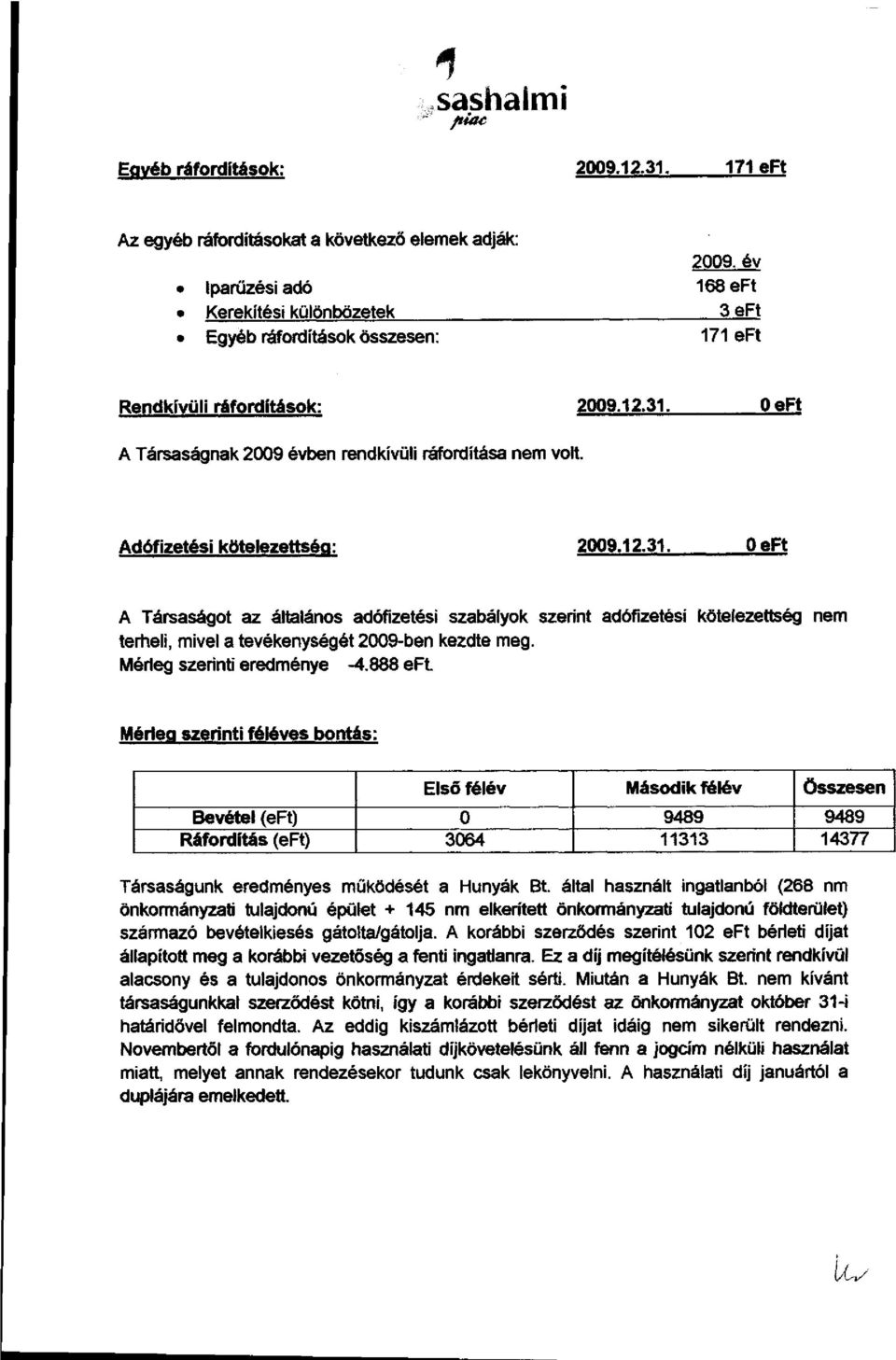 Adófizetési kötelezettség: 2009.12.31. OeFt A Társaságot az általános adófizetési szabályok szerint adófizetési kötelezettség terheli, mivel a tevékenységét 2009-ben kezdte meg.