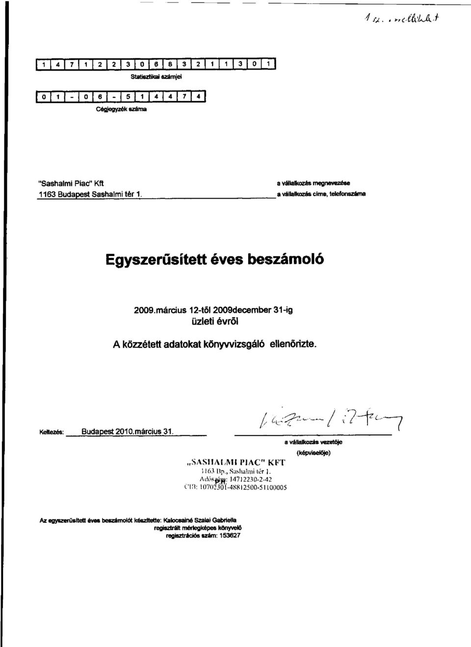 március 12-től 2009december 31-ig üzleti évről A közzétett adatokat könyvvizsgáló ellenőrizte. Keltezés: Budapest 2010. március 31.