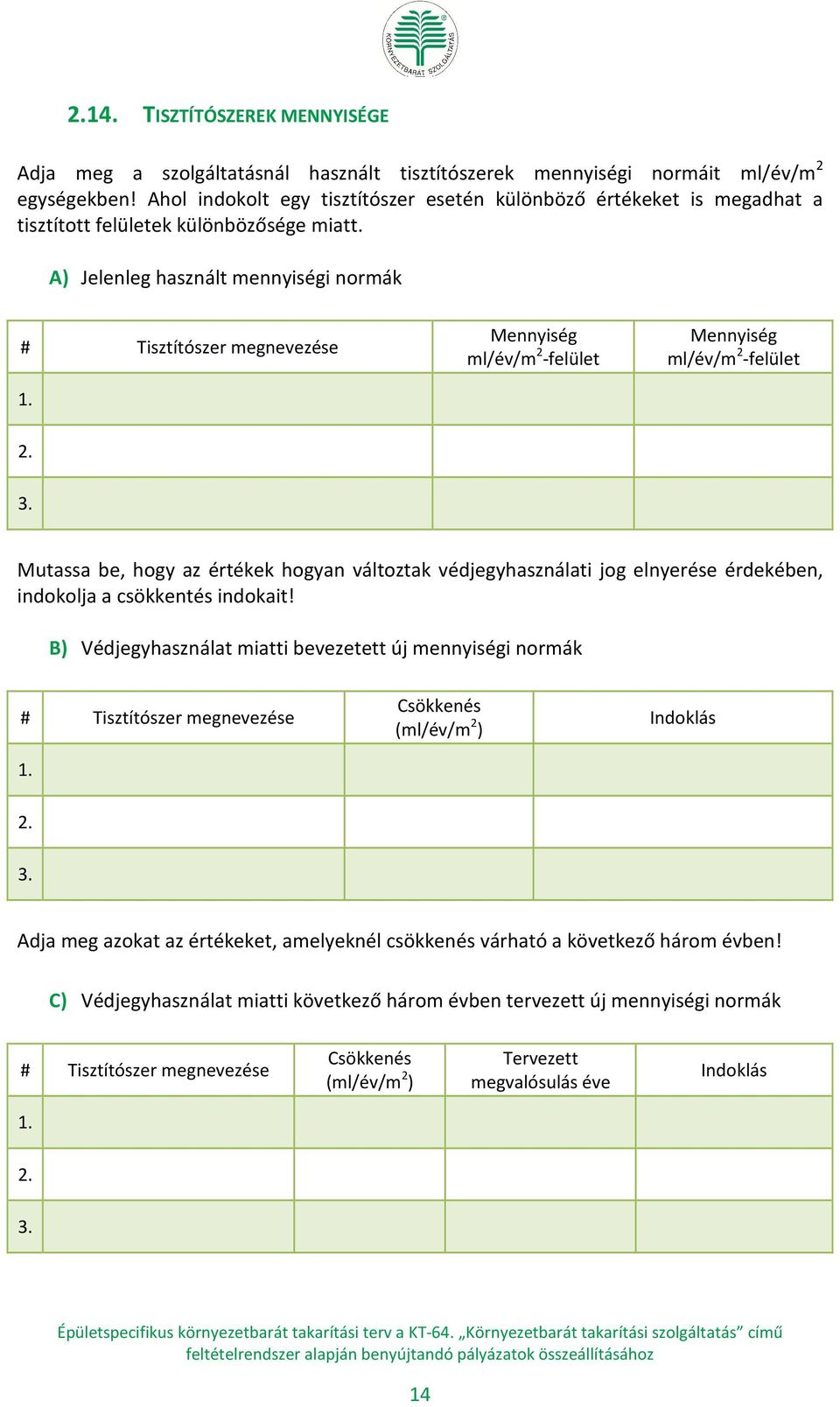 A) Jelenleg használt mennyiségi normák # Tisztítószer megnevezése Mennyiség ml/év/m 2 -felület Mennyiség ml/év/m 2 -felület Mutassa be, hogy az értékek hogyan változtak védjegyhasználati jog