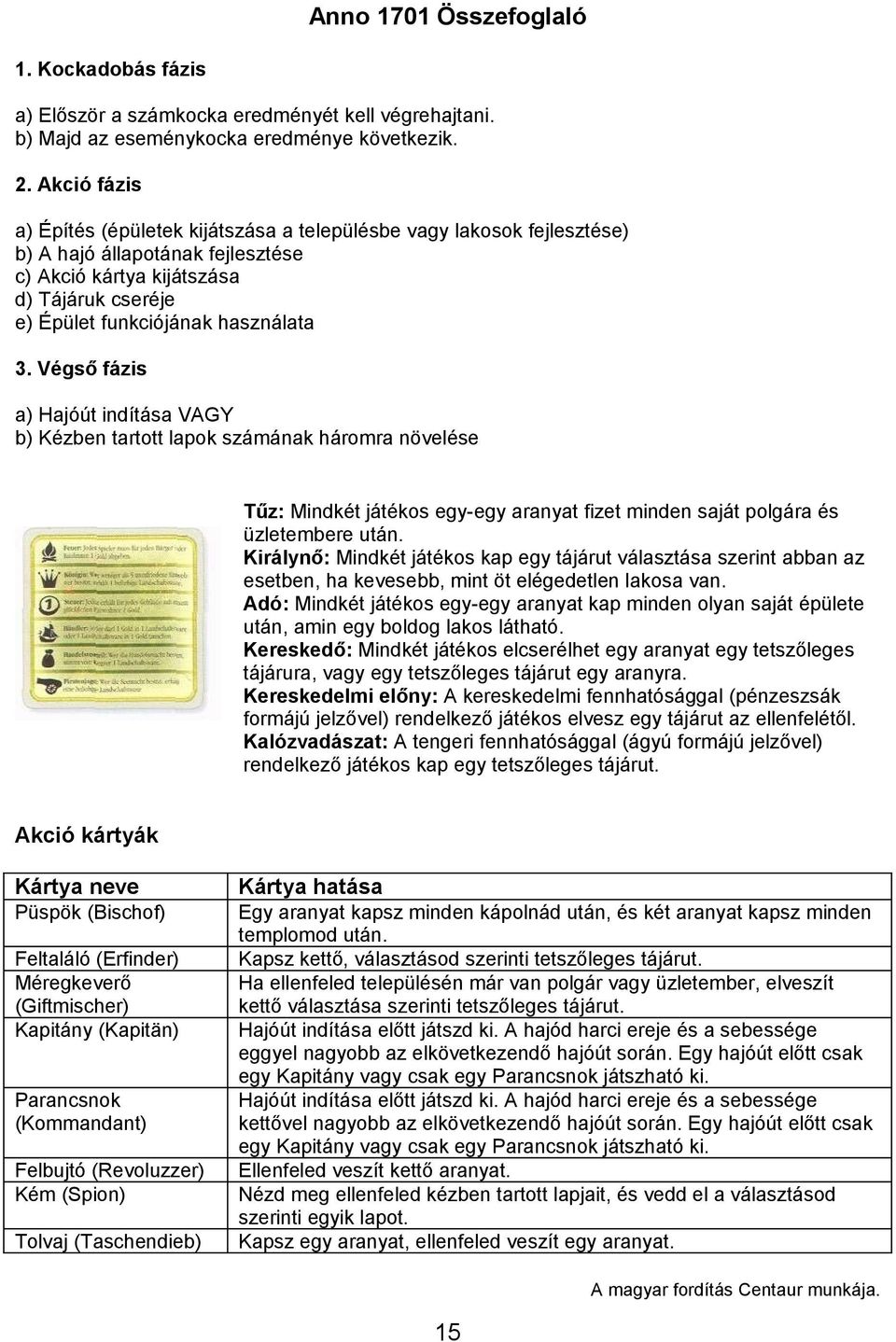 Végső fázis a) Hajóút indítása VAGY b) Kézben tartott lapok számának háromra növelése Tűz: Mindkét játékos egy-egy aranyat fizet minden saját polgára és üzletembere után.