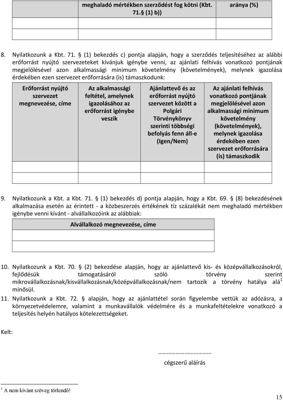 (1) bekezdés c) pontja alapján, hogy a szerződés teljesítéséhez az alábbi erőforrást nyújtó szervezeteket kívánjuk igénybe venni, az ajánlati felhívás vonatkozó pontjának megjelölésével azon