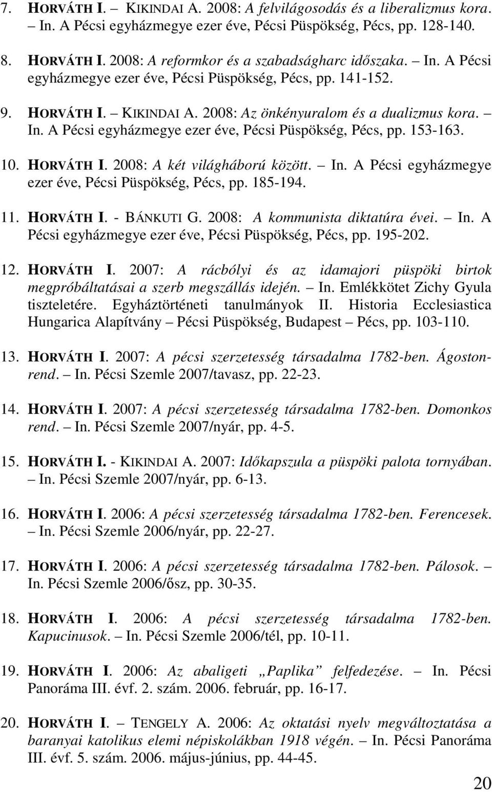 10. HORVÁTH I. 2008: A két világháború között. In. A Pécsi egyházmegye ezer éve, Pécsi Püspökség, Pécs, pp. 185-194. 11. HORVÁTH I. - BÁNKUTI G. 2008: A kommunista diktatúra évei. In. A Pécsi egyházmegye ezer éve, Pécsi Püspökség, Pécs, pp. 195-202.