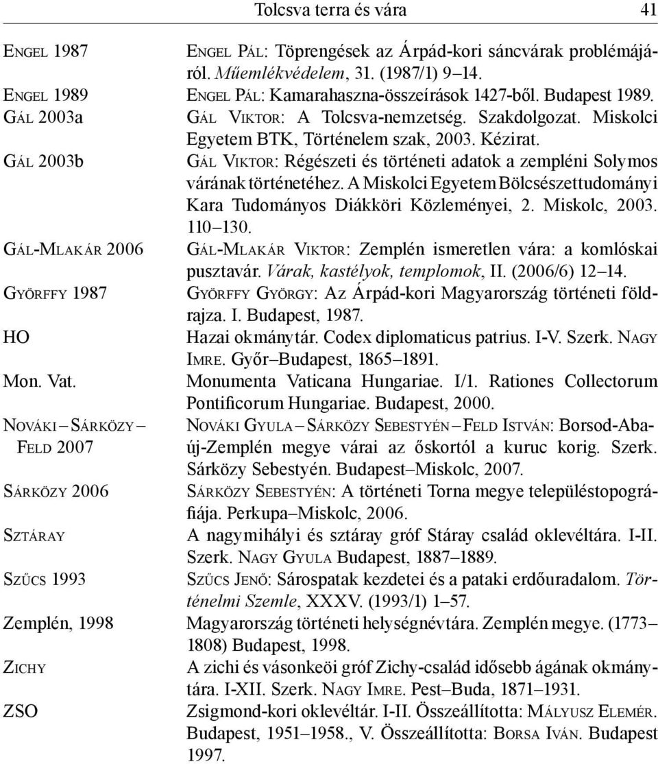 Gá l 2003b Gá l Vi k t o r: Régészeti és történeti adatok a zempléni Solymos várának történetéhez. A Miskolci Egyetem Bölcsészettudományi Kara Tudományos Diákköri Közleményei, 2. Miskolc, 2003.