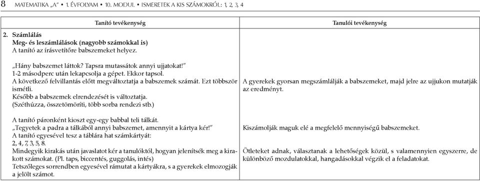 Később a babszemek elrendezését is változtatja. (Széthúzza, összetömöríti, több sorba rendezi stb.) A tanító páronként kioszt egy-egy babbal teli tálkát.