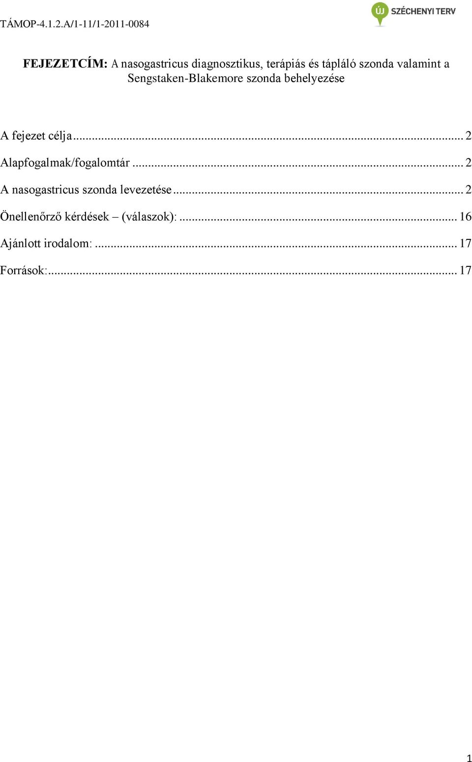 .. 2 Alapfogalmak/fogalomtár... 2 A nasogastricus szonda levezetése.