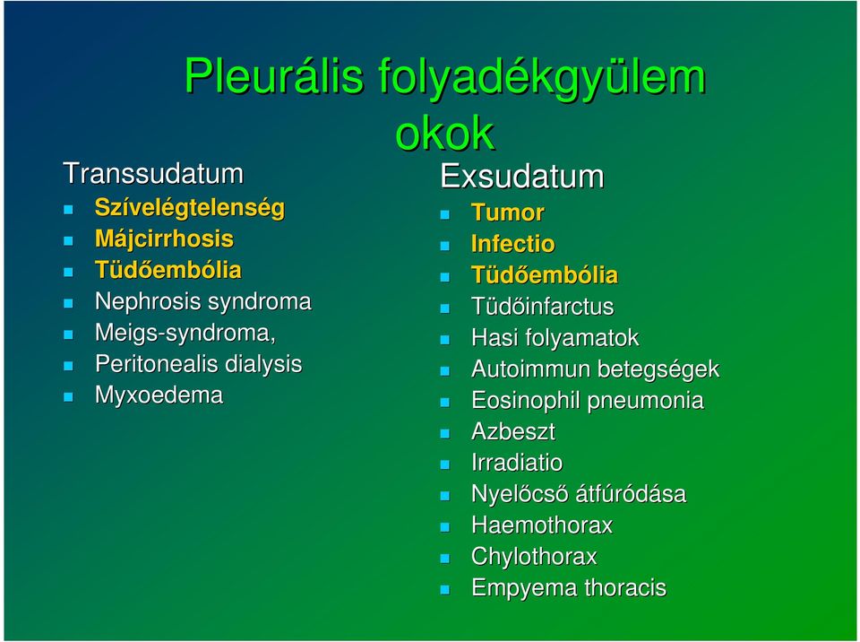 Tumor Infectio Tüdőembólia Tüdőinfarctus Hasi folyamatok Autoimmun betegségek gek