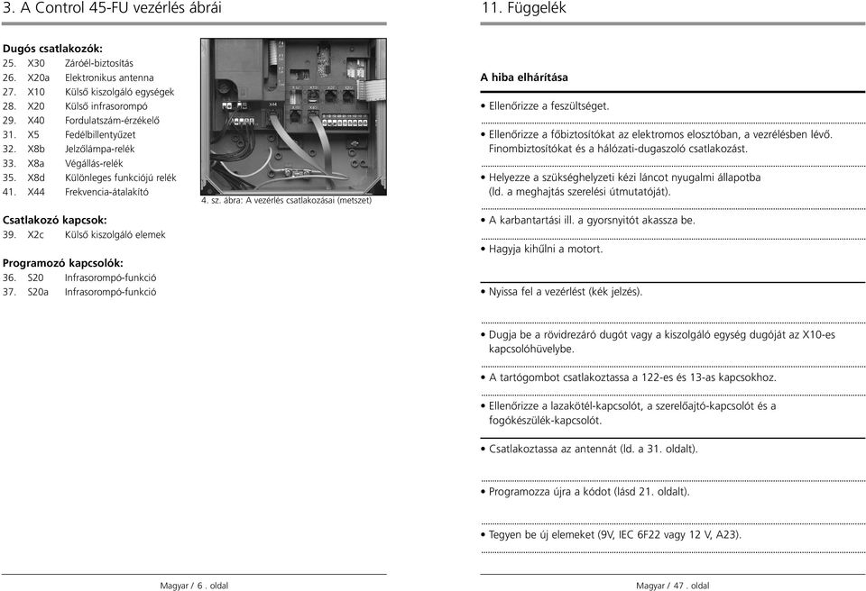 Xc KülsŒ kiszolgáló elemek rogramozó kapcsolók: 3. S0Infrasorompó-funkció 37. S0a Infrasorompó-funkció 4. sz. ábra: A vezérlés csatlakozásai (metszet) A hiba elhárítása EllenŒrizze a feszültséget.