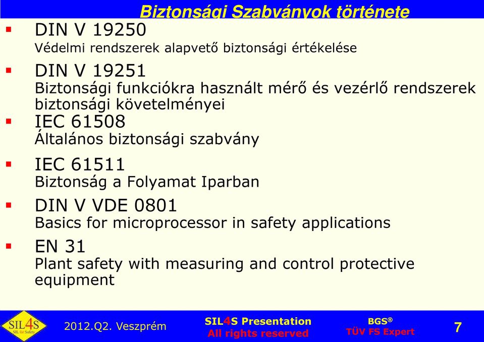 Biztonság a Folyamat Iparban DIN V VDE 0801 Basics for microprocessor in safety applications EN 31 Plant safety with