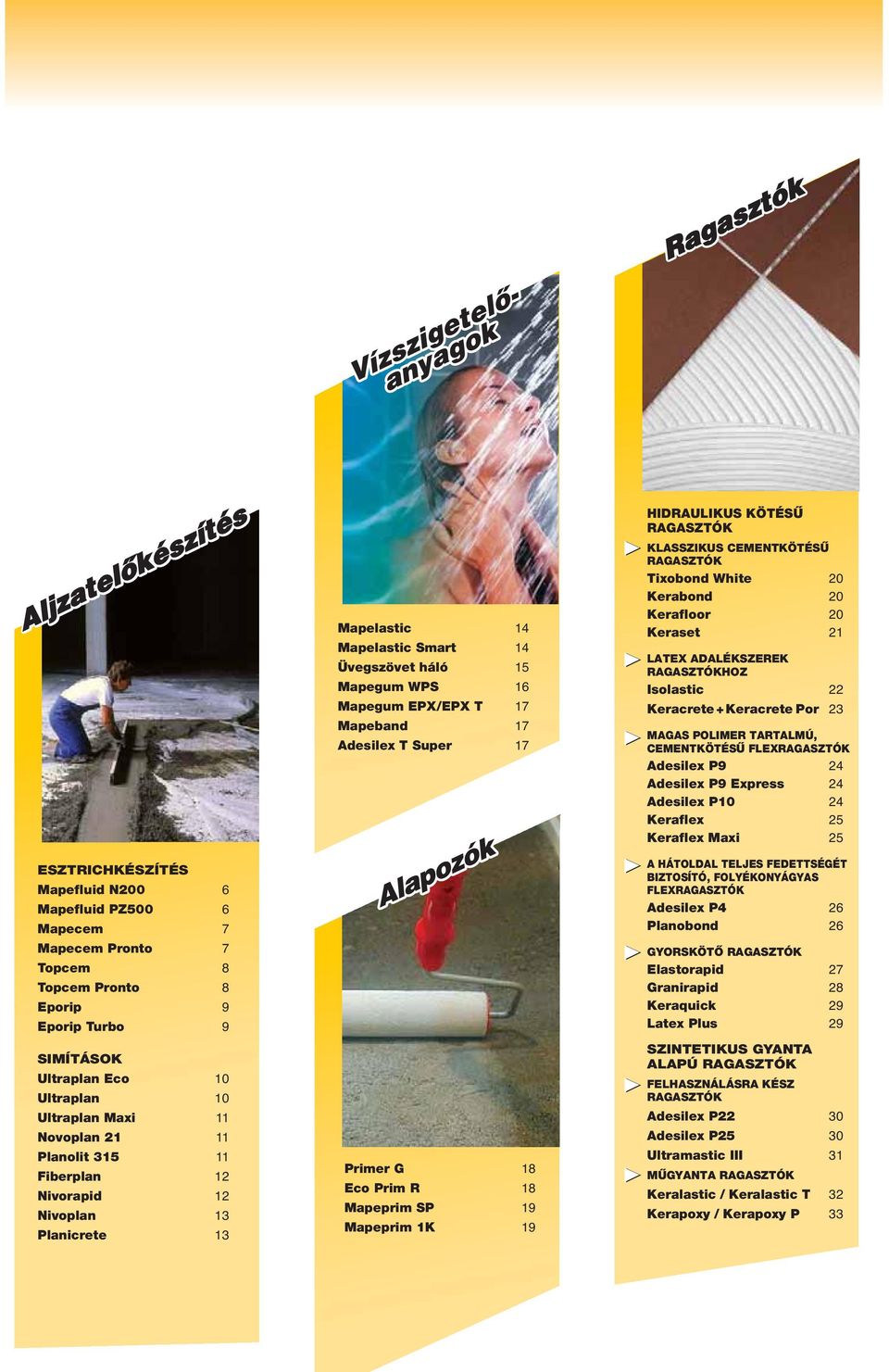 G 18 Eco Prim R 18 Mapeprim SP 19 Mapeprim 1K 19 HIDRAULIKUS KÖTÉSÛ RAGASZTÓK KLASSZIKUS CEMENTKÖTÉSÛ RAGASZTÓK Tixobond White 20 Kerabond 20 Kerafloor 20 Keraset 21 LATEX ADALÉKSZEREK RAGASZTÓKHOZ