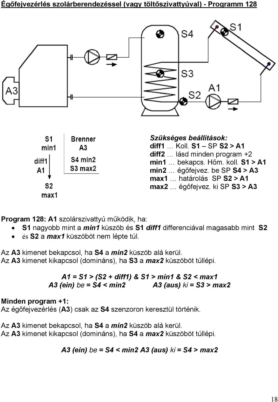 ki SP S3 > A3 Program 128: A1 szolárszivattyú működik, ha: S1 nagyobb mint a min1 küszöb és S1 diff1 differenciával magasabb mint S2 és S2 a max1 küszöböt nem lépte túl.