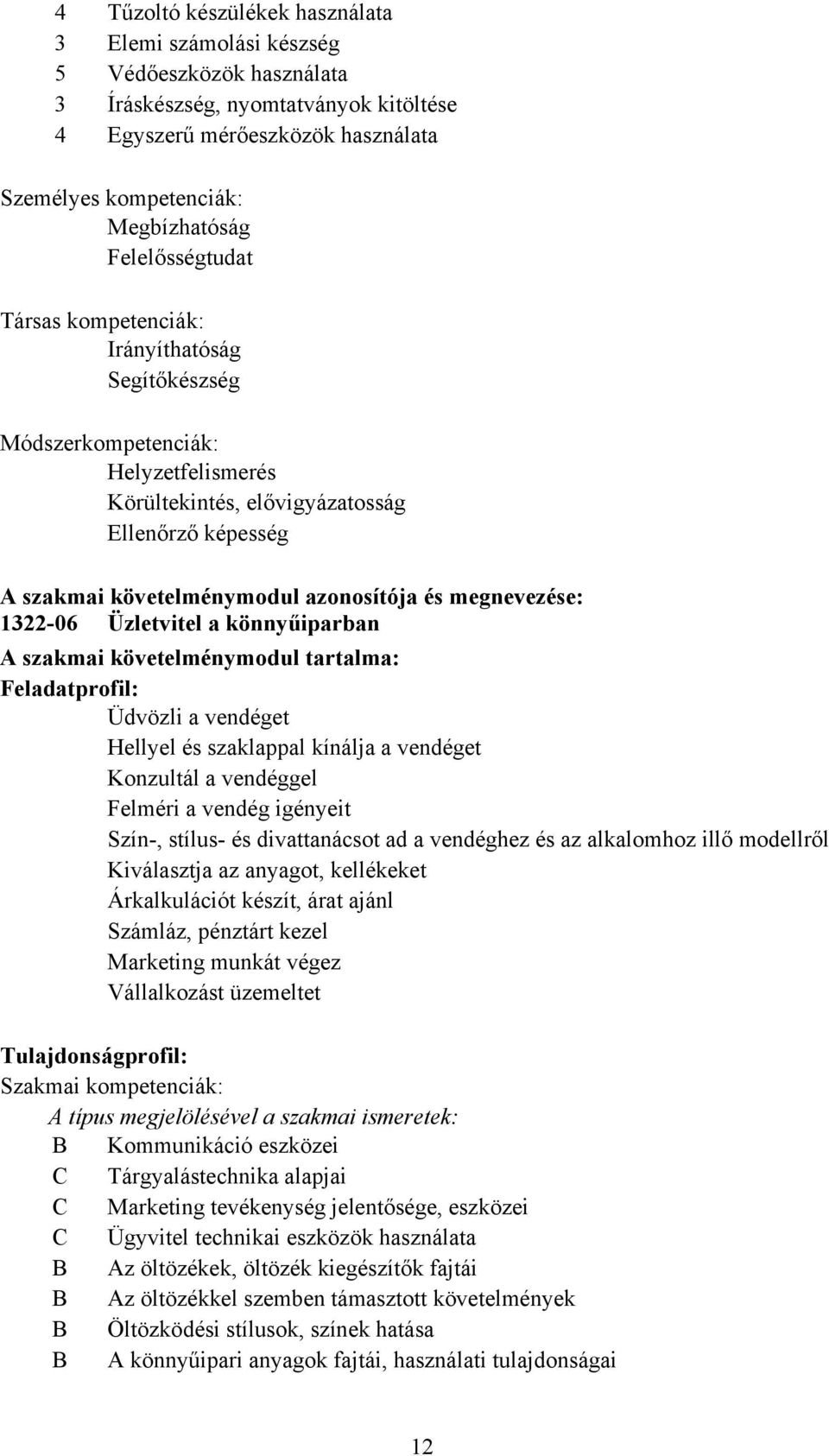 megnevezése: 1322-06 Üzletvitel a könnyűiparban A szakmai követelménymodul tartalma: Feladatprofil: Üdvözli a vendéget Hellyel és szaklappal kínálja a vendéget Konzultál a vendéggel Felméri a vendég