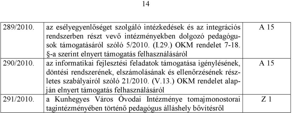 (I.29.) OKM rendelet 7-18. -a szerint elnyert támogatás felhasználásáról 290/2010.