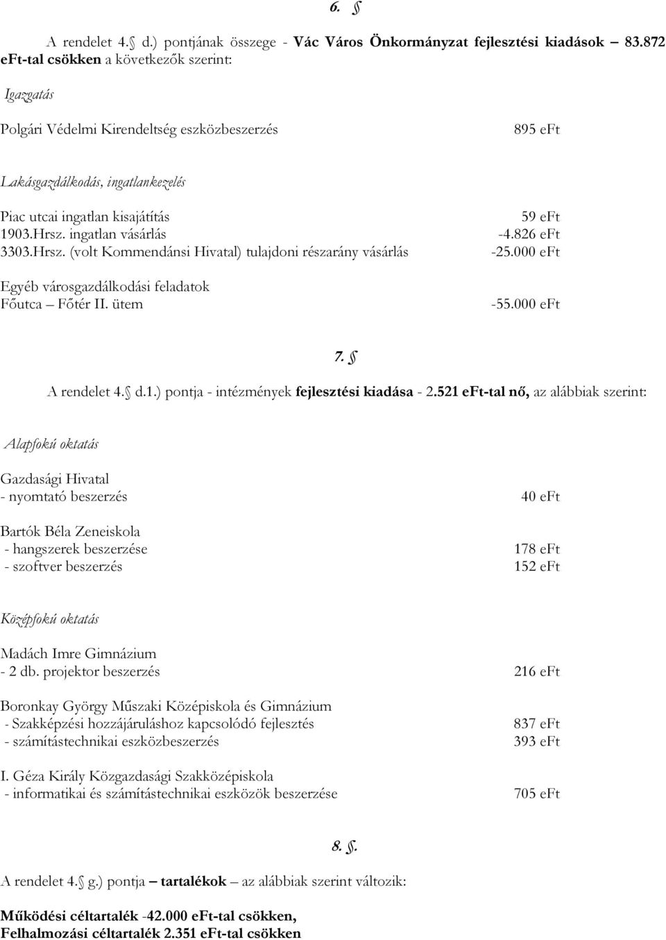 ingatlan vásárlás 3303.Hrsz. (volt Kommendánsi Hivatal) tulajdoni részarány vásárlás Egyéb városgazdálkodási feladatok Főutca Főtér II. ütem 59 eft -4.826 eft -25.000 eft -55.000 eft 7. A rendelet 4.