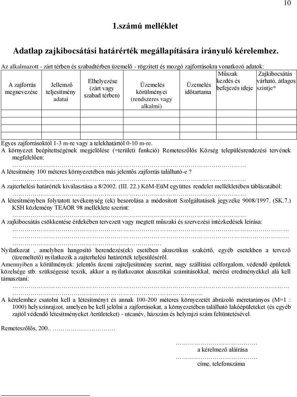 Elhelyezése (zárt vagy szabad térben) Üzemelés körülményei (rendszeres vagy alkalmi) Üzemelés időtartama Zajkibocsátás várható, átlagos szintje* Egyes zajforrásoktól 1-3 m-re vagy a telekhatártól