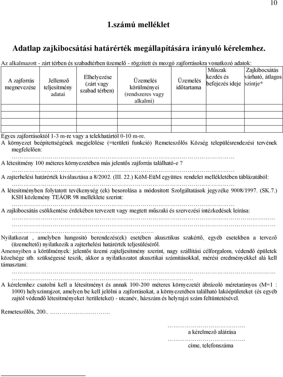 Elhelyezése (zárt vagy szabad térben) Üzemelés körülményei (rendszeres vagy alkalmi) Üzemelés időtartama Zajkibocsátás várható, átlagos szintje* Egyes zajforrásoktól 1-3 m-re vagy a telekhatártól