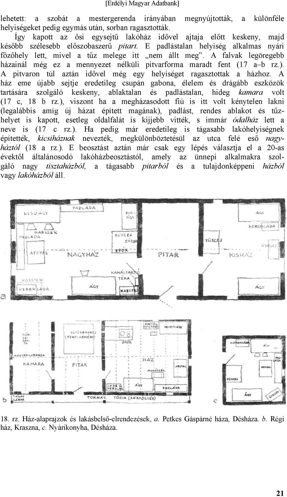 A falvak legöregebb házainál még ez a mennyezet nélküli pitvarforma maradt fent (17 a b rz.). A pitvaron túl aztán idővel még egy helyiséget ragasztottak a házhoz.