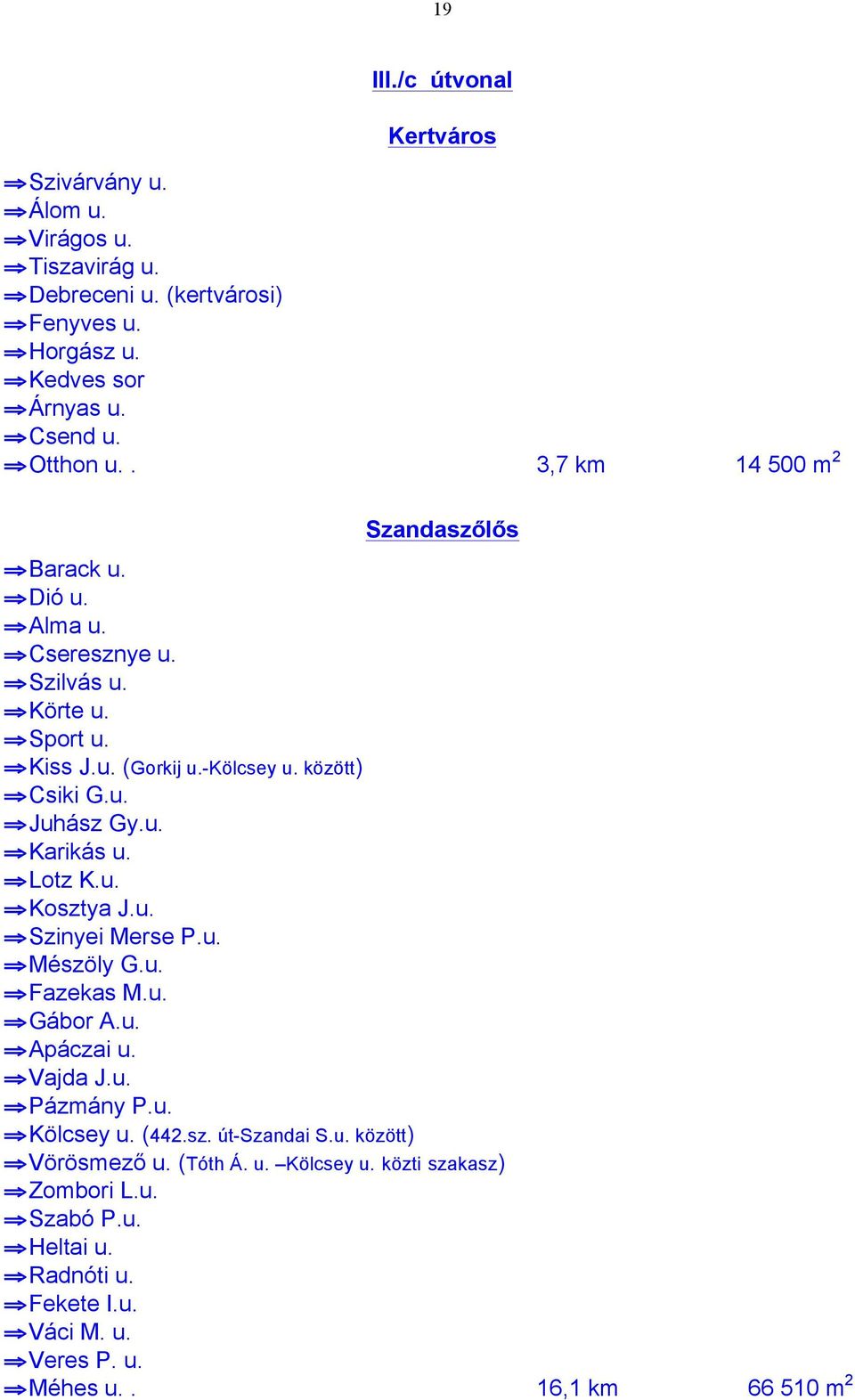 Lotz K.u. Kosztya J.u. Szinyei Merse P.u. Mészöly G.u. Fazekas M.u. Gábor A.u. Apáczai u. Vajda J.u. Pázmány P.u. Kölcsey u. (442.sz. út-szandai S.u. között) Vörösmező u.