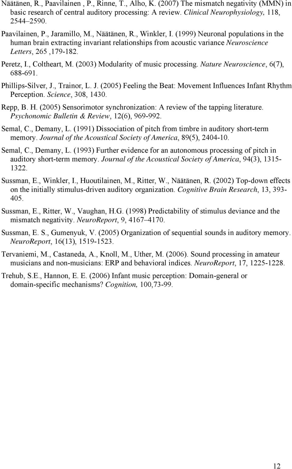 Peretz, I., Coltheart, M. (2003) Modularity of music processing. Nature Neuroscience, 6(7), 688-691. Phillips-Silver, J., Trainor, L. J. (2005) Feeling the Beat: Movement Influences Infant Rhythm Perception.